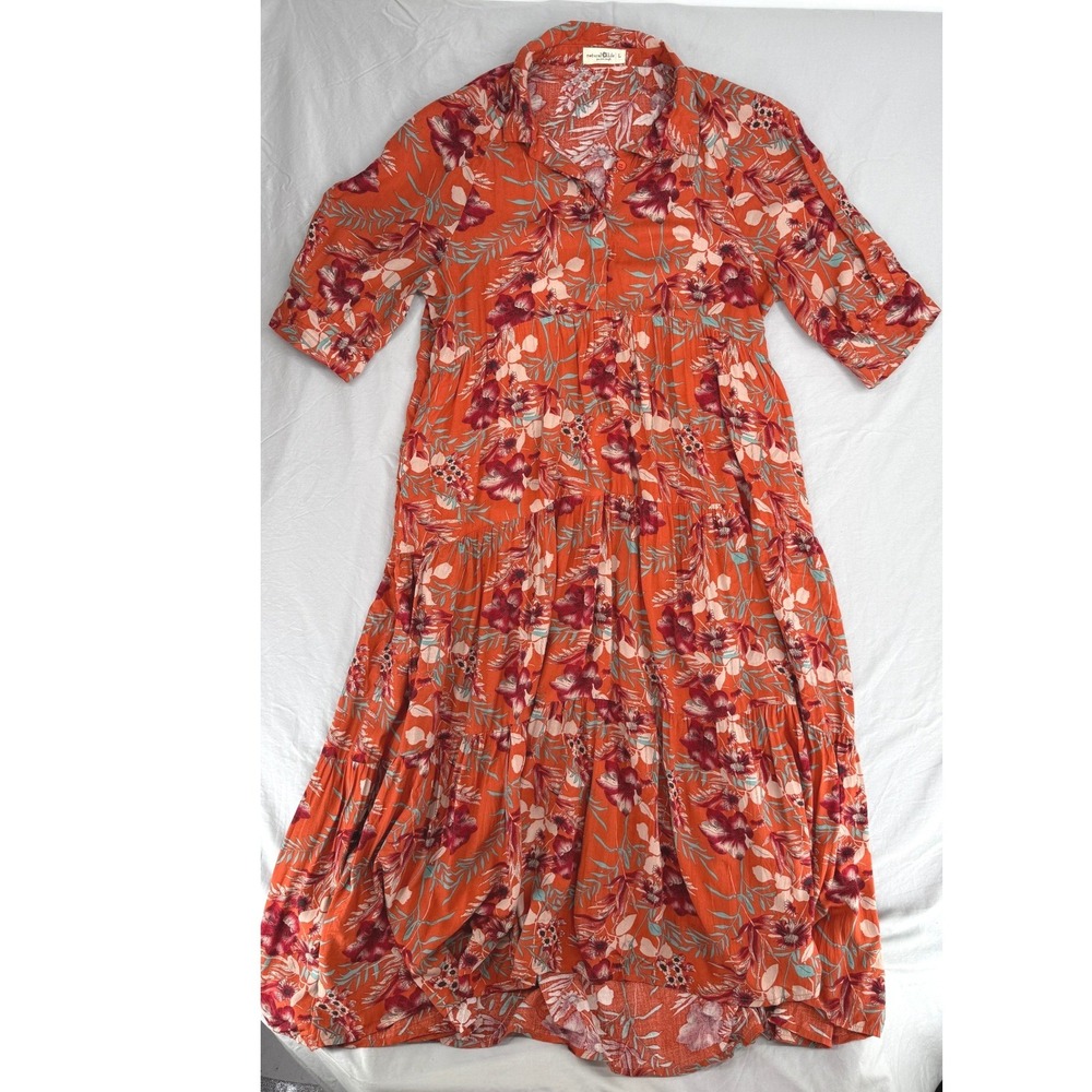 Natural Life Womens Orange Floral Tiered Rayon Boho Dress Short Sleeve Large